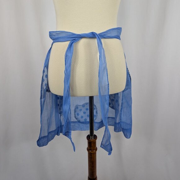 Gingham Girl Vintage Semi Sheer Tie Back Half Apron Pocket Polka Dot Blue 1970s - Picture 4 of 8